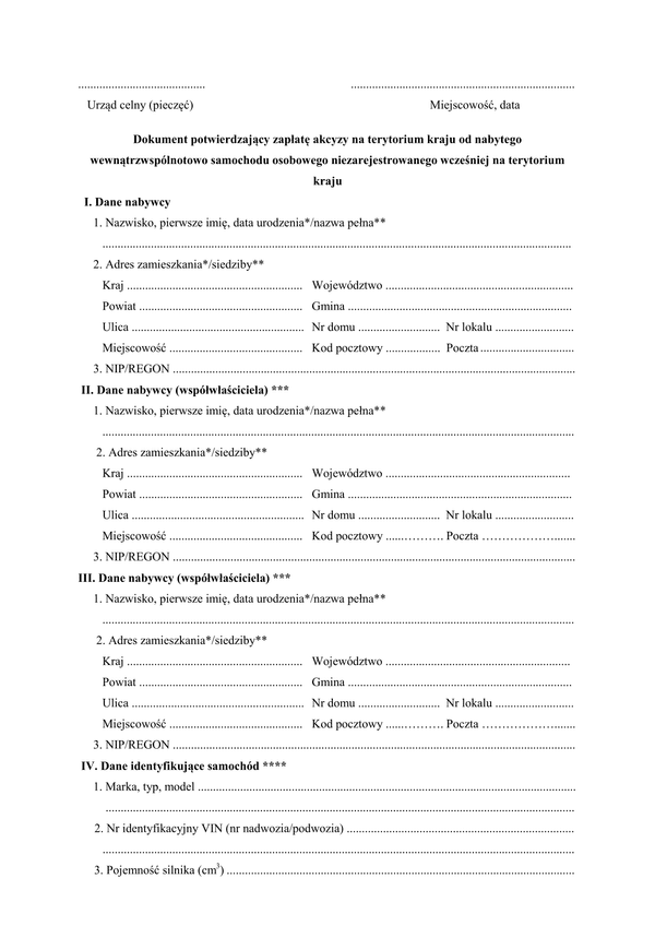 DPZATR (od 2010) (archiwalny) Dokument potwierdzający zapłatę akcyzy na terytorium kraju od nabytego wewnątrzwspólnotowo samochodu osobowego niezarejestrowanego wcześniej na terytorium kraju