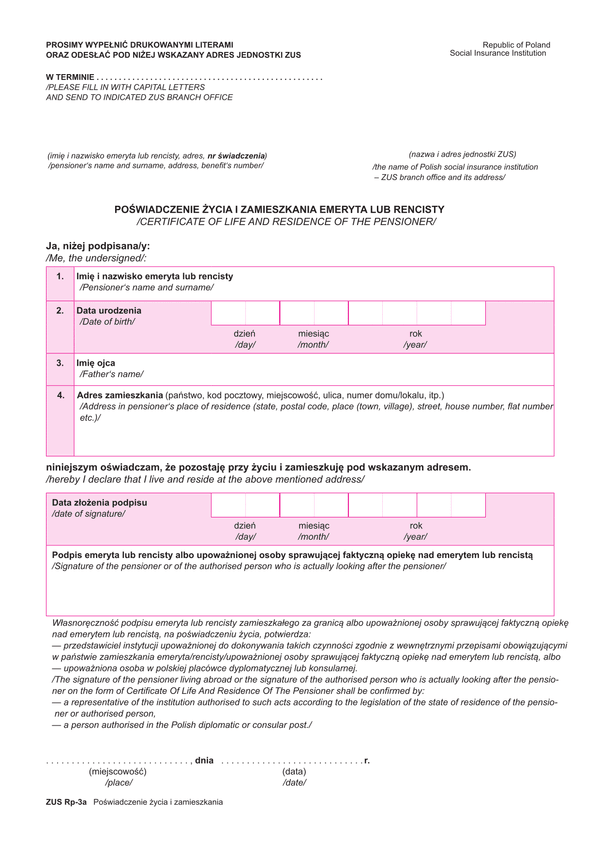 ZUS RP-3A (archiwalny) Poświadczenie życia i zamieszkania emeryta lub rencisty (wersja polsko-angielska)
