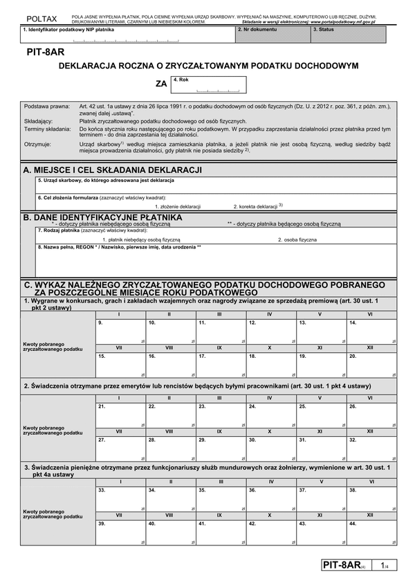 PIT-8AR (4) (2014) (archiwalny) Deklaracja roczna o zryczałtowanym podatku dochodowym 