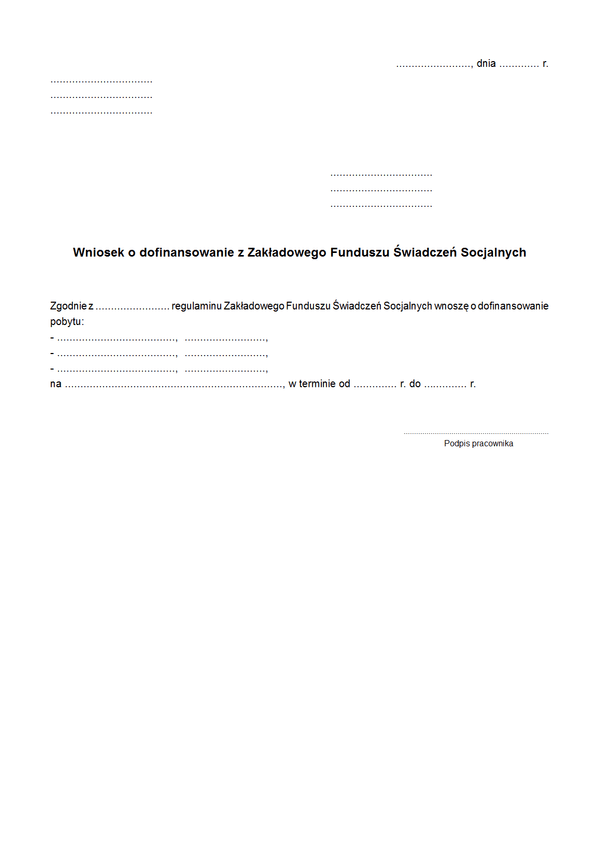 WwdZFŚS Wniosek o dofinansowanie wyjazdu dziecka przez zakładowy fundusz świadczeń socjalnych
