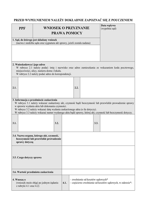 PPF Wniosek o przyznanie prawa pomocy - osoba fizyczna