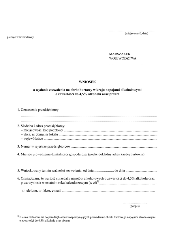 WwznA Wniosek o wydanie zezwolenia na obrót hurtowy w kraju napojami alkoholowymi o zawartości do 4,5% alkoholu oraz piwem