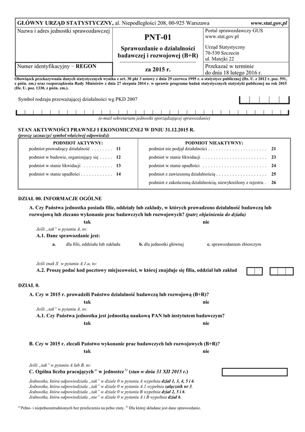 GUS PNT-01 (archiwalny) (2015) Sprawozdanie o działalności badawczej i rozwojowej za 2015 r.