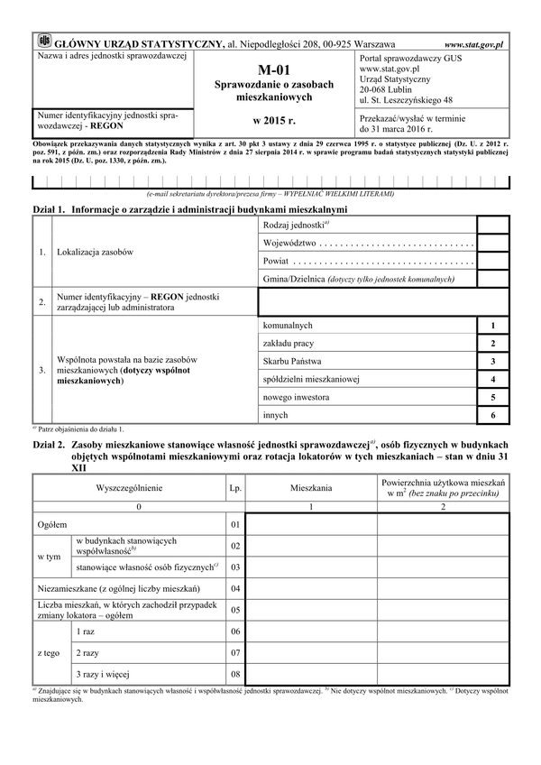 GUS M-01 (2015) (archiwalny) Sprawozdanie o zasobach mieszkaniowych w 2015 r.