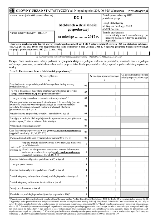 GUS DG-1 (2017) (archiwalny) Meldunek o działalności gospodarczej