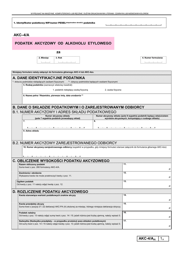 AKC-4/A (6) (archiwalny) Podatek akcyzowy od alkoholu etylowego 