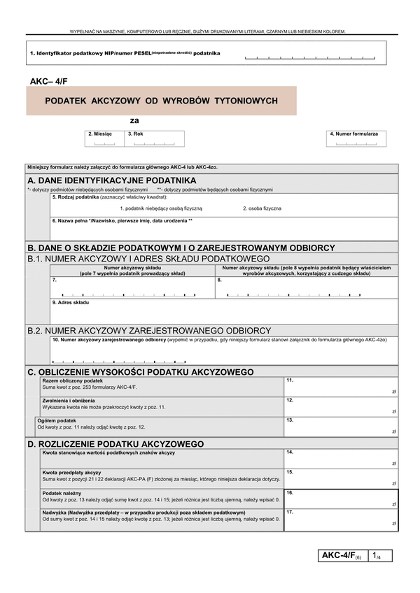 AKC-4/F (6) (archiwalny) Podatek akcyzowy od wyrobów tytoniowych 