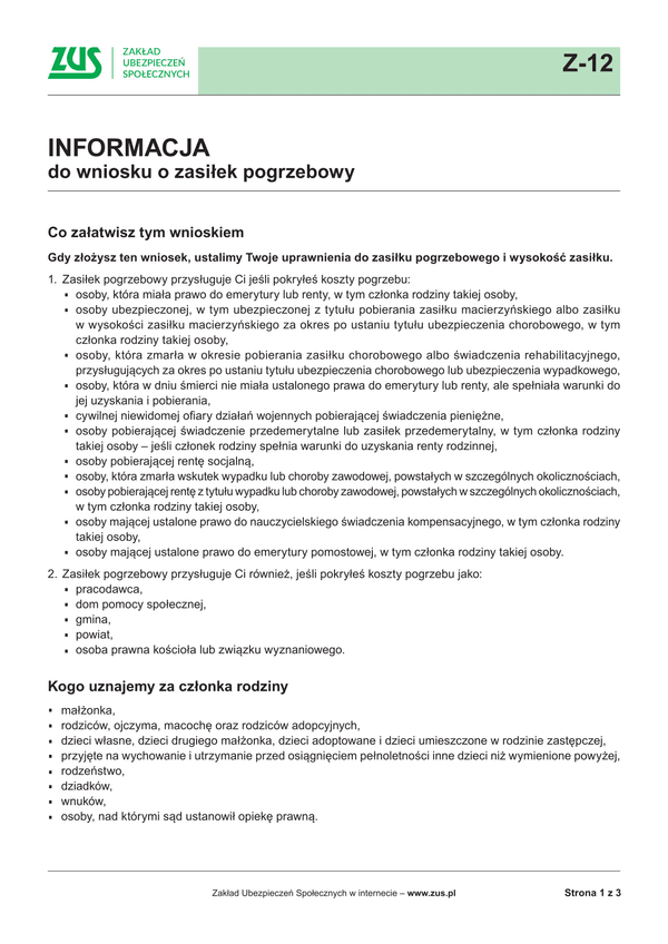 ZUS INF (archiwalny) Informacja do wniosku o zasiłek pogrzebowy