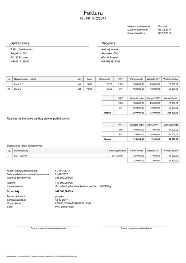 FVATK Faktura końcowa
