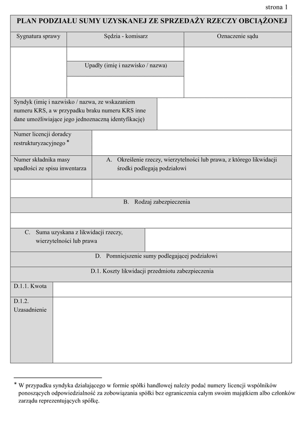 PPSRO (archiwalny) Plan podziału sumy uzyskanej ze sprzedaży rzeczy obciążonej