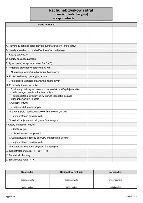 RZiS-U (P) (archiwalny) Rachunek zysków i strat (wariant kalkulacyjny) - jednostki małe korzystające z uproszczeń