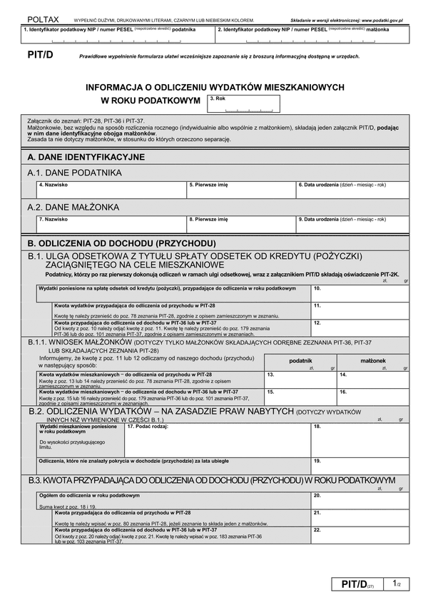 PIT/D (27) (archiwalny) (2018) Informacja o odliczeniu wydatków mieszkaniowych w roku podatkowym 