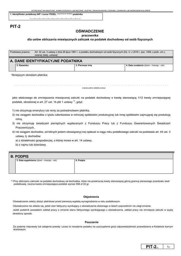PIT-2 (5) (archiwalny) (2019) Oświadczenie pracownika dla celów obliczania miesięcznych zaliczek na podatek dochodowy od osób fizycznych 