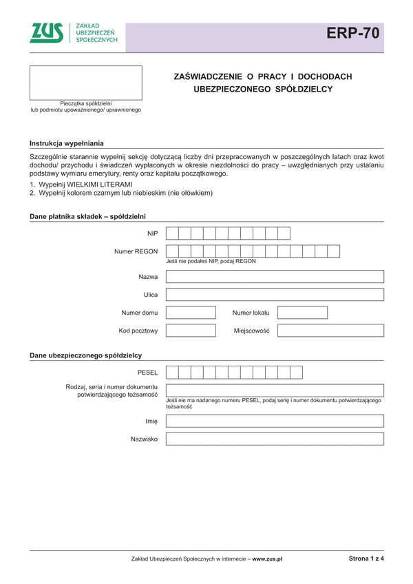 ZUS ERP-70 (archiwalny) Zaświadczenie o pracy i dochodach ubezpieczonego spółdzielcy