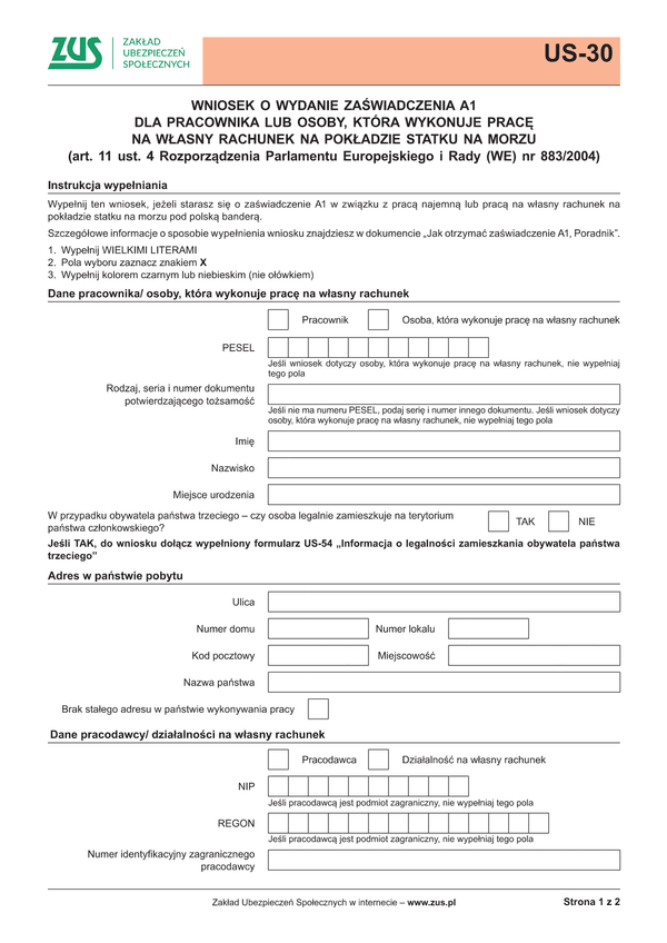 ZUS US-30 (archiwalny) Wniosek o zaświadczenie A1 - osoba zatrudniona na pokładzie statku