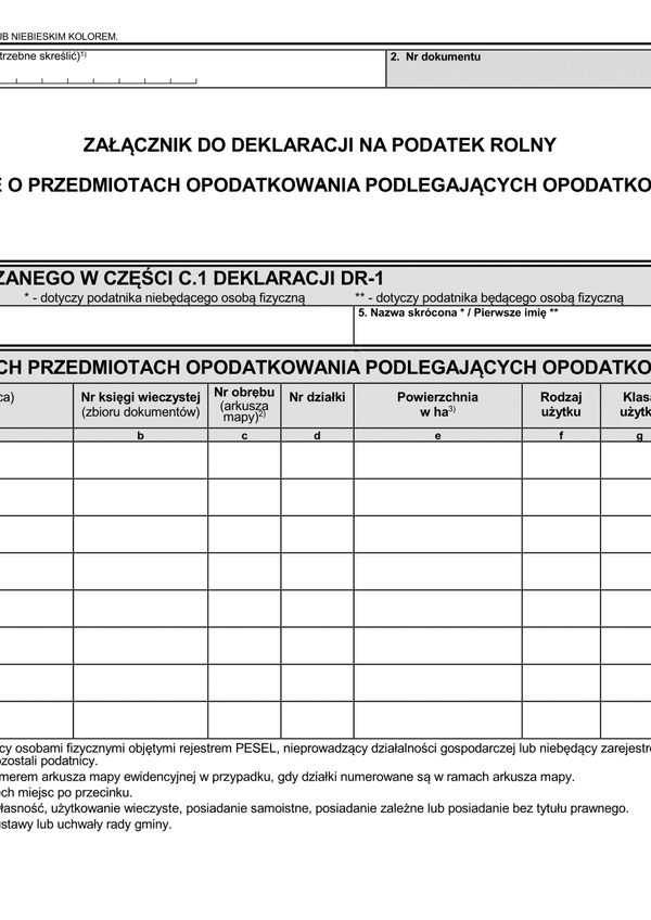 ZDR-1 (1) Załącznik do deklaracji na podatek rolny - dane o przedmiotach opodatkowania podlegających opodatkowaniu