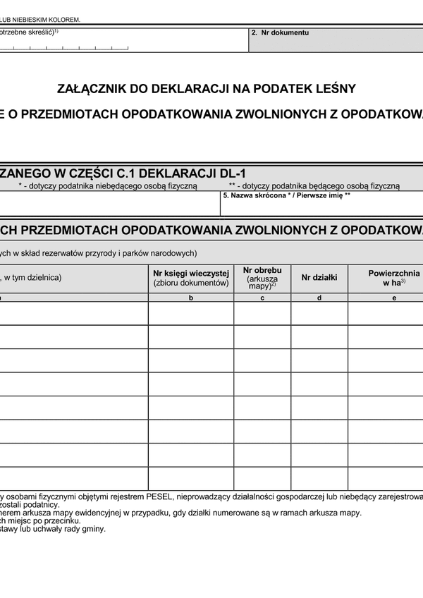 ZDL-2 (1) Załącznik do deklaracji na podatek leśny - dane o przedmiotach opodatkowania zwolnionych z opodatkowania