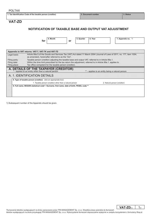 VAT-ZD (1) - w. ang. (archiwalny) NOTIFICATION OF TAXABLE BASE AND OUTPUT VAT ADJUSTMENT 