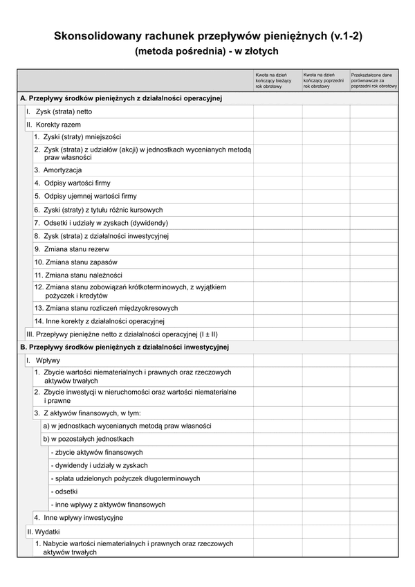 SFJGKZ Rach-Pp (v.1-2) Skonsolidowany rachunek przepływów pieniężnych (metoda pośrednia) do sprawozdania finansowego grup kapitałowych w złotych - z wysyłką pliku xml JPK_SF 