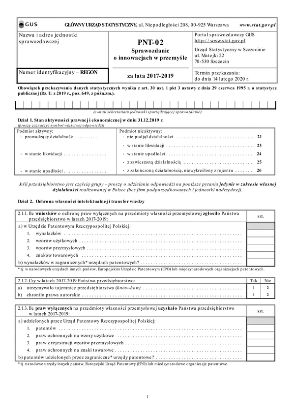 GUS PNT-02 (archiwalny) (2017-2019) Sprawozdanie o innowacjach w przemyśle za lata 2017–2019