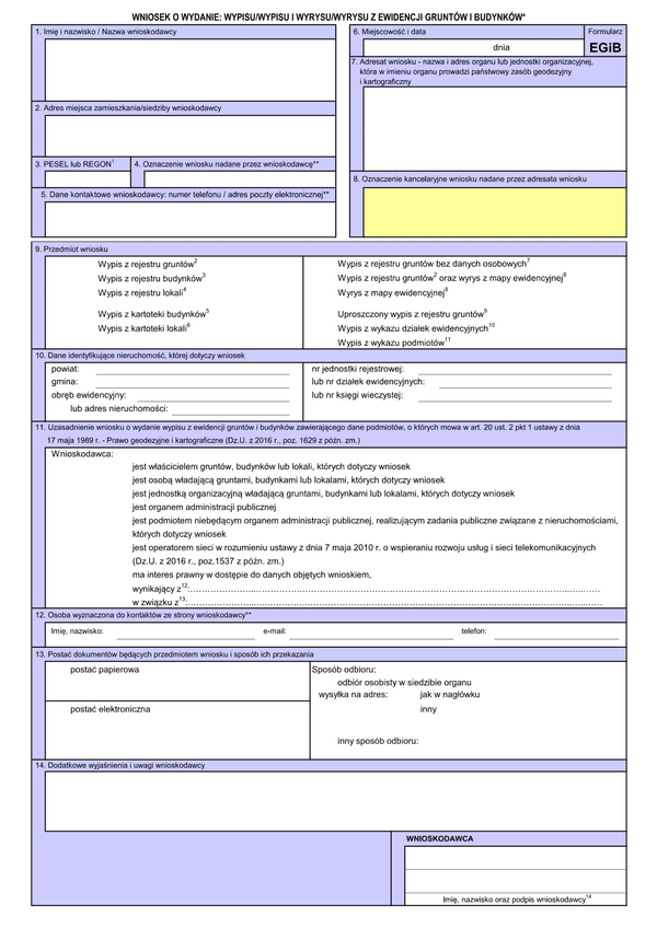 EGiB (archiwalny) Wniosek o wydanie: wypisu/wypisu i wyrysu/wyrysu z ewidencji gruntów i budynków