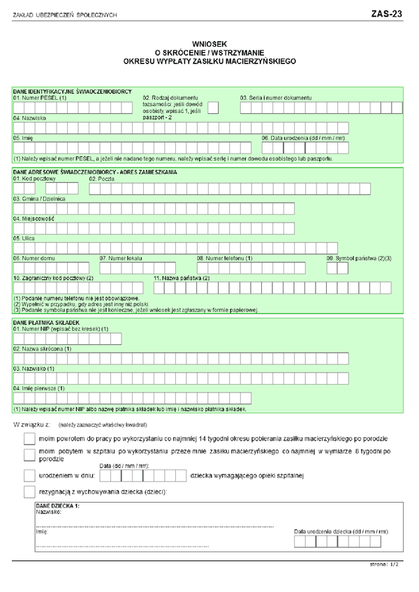 ZUS ZAS-23 (archiwalny) Wniosek o skrócenie/wstrzymanie okresu wypłaty zasiłku macierzyńskiego