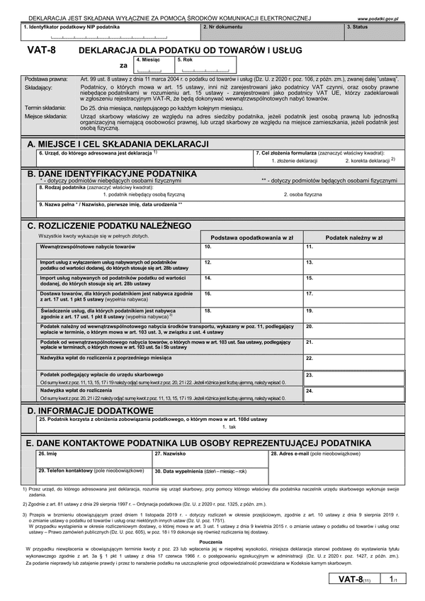 VAT-8 (11) Deklaracja dla podatku od towarów i usług