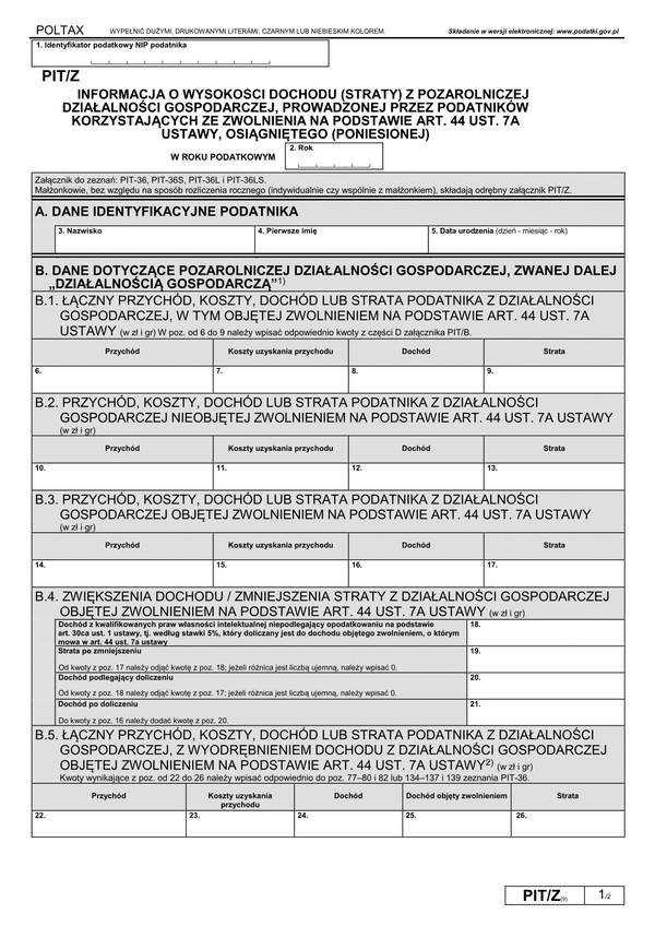 PIT/Z (9) (archiwalny) (2020) Informacja o wysokości dochodu (straty) z pozarolniczej działalności gospodarczej, prowadzonej przez podatników korzystających ze zwolnienia na podstawie art.44 ust.7a ustawy