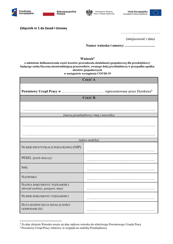 PSZ-DKDG  (archiwalny) Wniosek o udzielenie dofinansowania części kosztów prowadzenia działalności gospodarczej dla przedsiębiorcy będącego osobą fizyczną niezatrudniającą pracowników