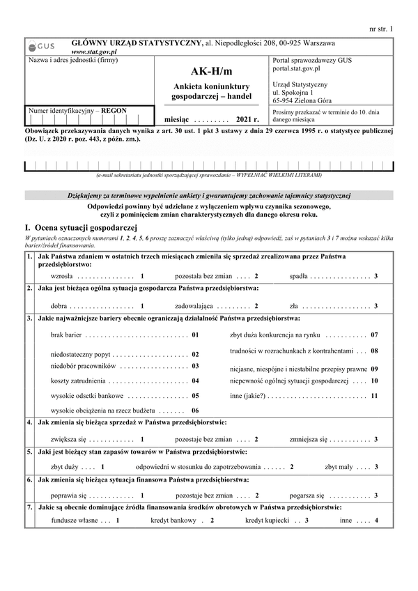 GUS AK-H/m (archiwalny) (2021) Ankieta koniunktury gospodarczej - handel