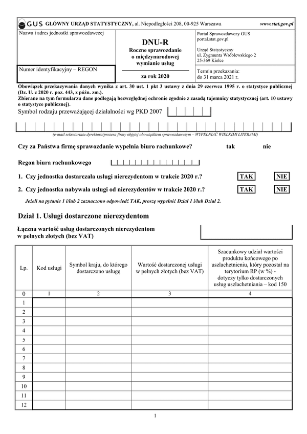 GUS DNU-R (archiwalny) (2020) Sprawozdanie o międzynarodowej wymianie usług za rok 2020