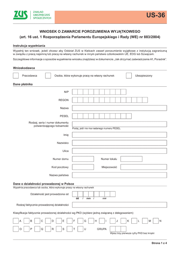 ZUS US-36 Wniosek o zawarcie porozumienia wyjątkowego na podstawie: art. 16.1 Rozporządzenia Parlamentu Europejskiego i Rady (WE) Nr 883/2004 - z wysyłką do PUE ZUS