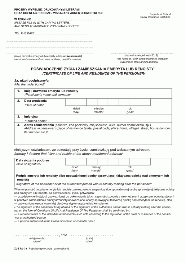 ZUS RP-3A (archiwalny) Poświadczenie życia i zamieszkania emeryta lub rencisty (wersja polsko-angielska)
