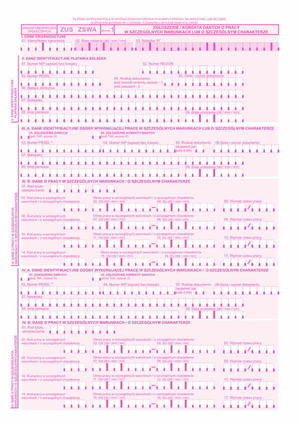 ZUS ZSWA (archiwalny) Zgłoszenie / korekta danych o pracy w szczególnych warunkach lub o szczególnym charakterze