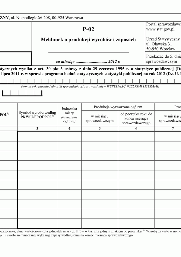 GUS P-02 (2012) (archiwalny) Meldunek o produkcji wyrobów i zapasach 