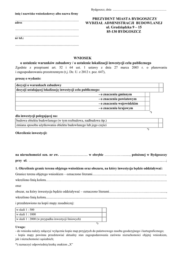 WUWZ-B (archiwalny) Wniosek o ustalenie warunków zabudowy/o ustalenie lokalizacji inwestycji celu publicznego Bydgoszcz