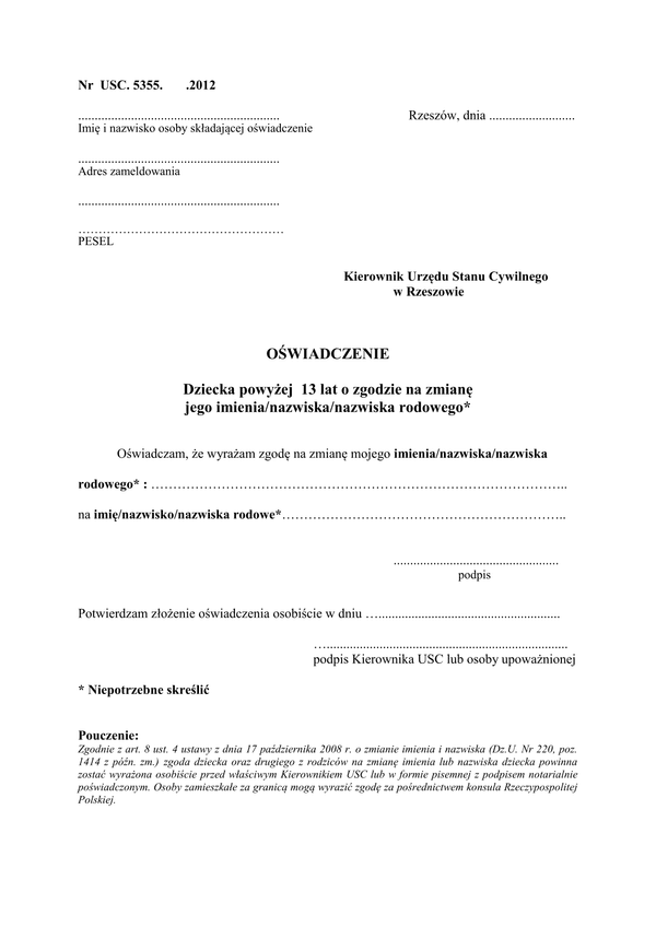 OZIM-Rz(OD) Oświadczenie dziecka powyżej 13 lat na zmianę jego imienia/nazwiska/nazwiska rodowego Rzeszów