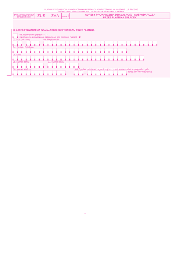 ZUS ZAA zal Załącznik do adresów prowadzenia działalności gospodarczej przez płatnika składek - z wysyłką do PUE ZUS