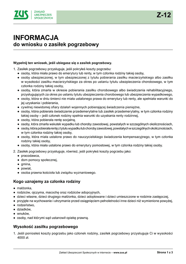 ZUS INF (archiwalny) Informacja do wniosku o zasiłek pogrzebowy