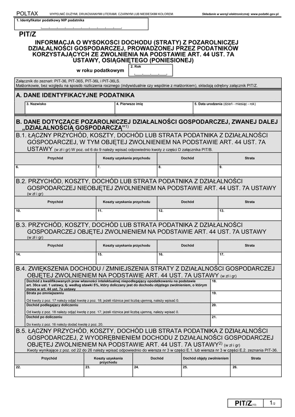 PIT/Z (10) (archiwalny) (2021) Informacja o wysokości dochodu (straty) z pozarolniczej działalności gospodarczej, prowadzonej przez podatników korzystających ze zwolnienia na podstawie art.44 ust.7a ustawy