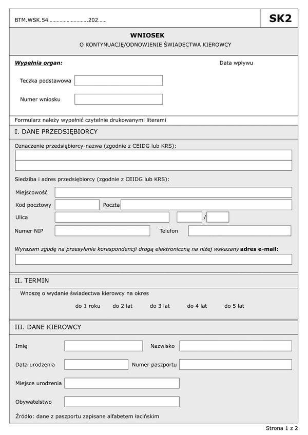SK2 Wniosek o kontynuację/odnowienie świadectwa kierowcy