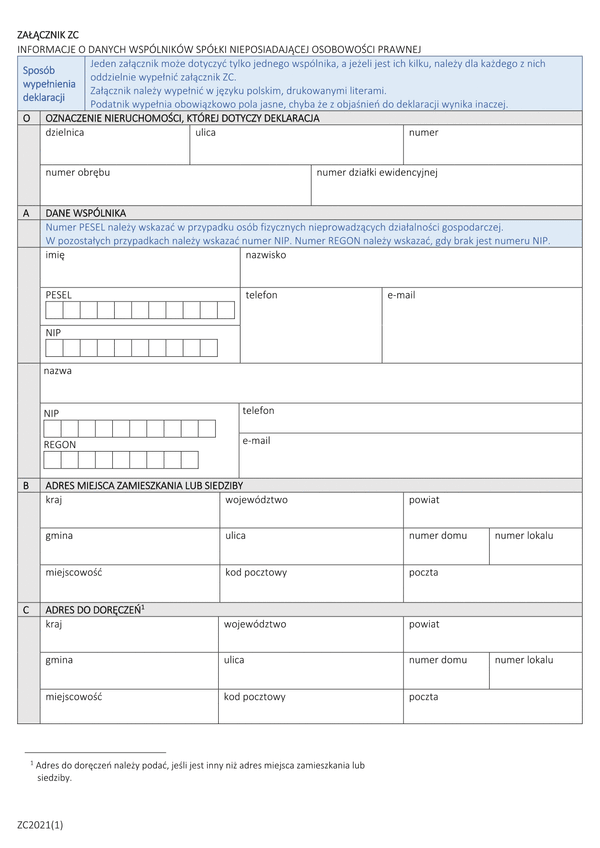 ZC Załącznik do deklaracji DL i DN - Informacje o danych wspólników spółki nieposiadającej osobowości prawnej
