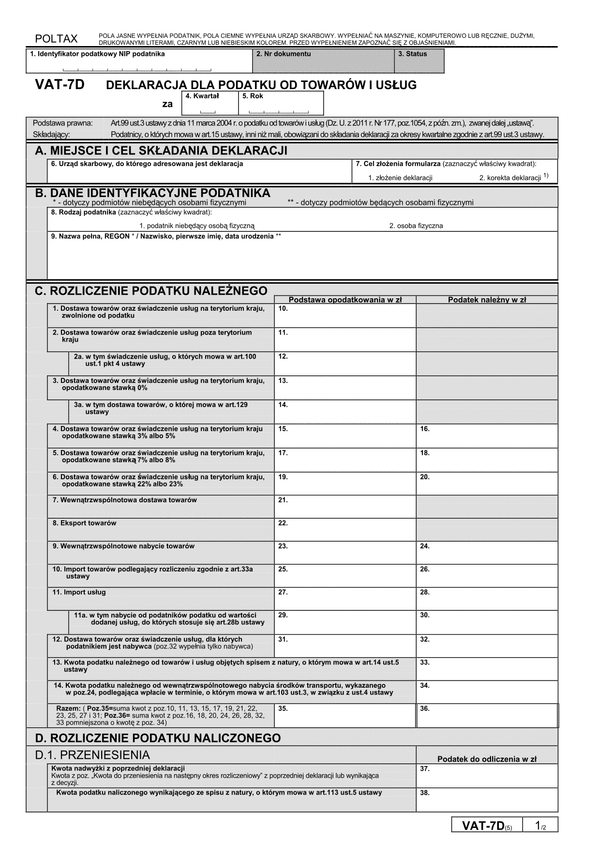 VAT-7D (5) (archiwalny) Deklaracja dla podatku od towarów i usług