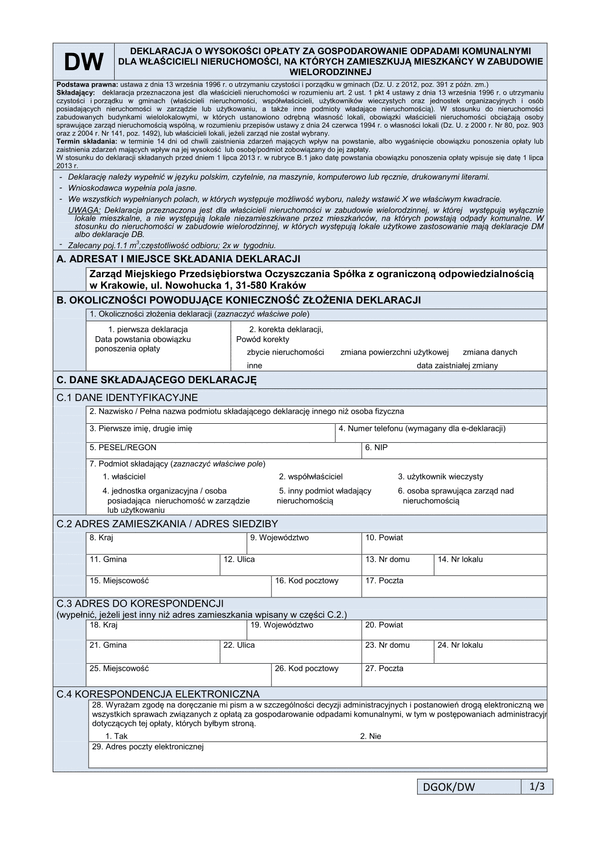 DW Deklaracja o wysokości opłaty za gospodarowanie odpadami komunalnymi w zabudowie wielorodzinnej - Kraków