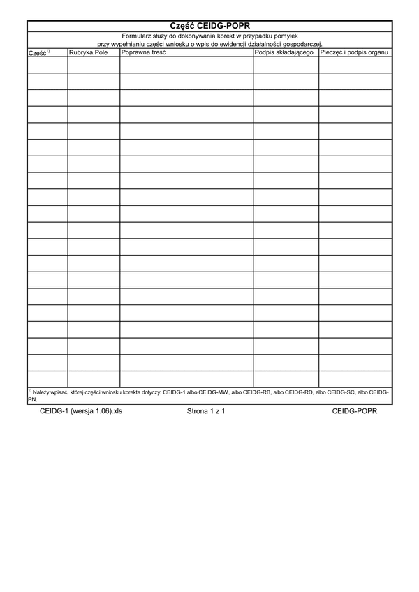 CEIDG-POPR (1.06) (archiwalny) Wniosek o wpis do ewidencji działalności gospodarczej - korekta pomyłek