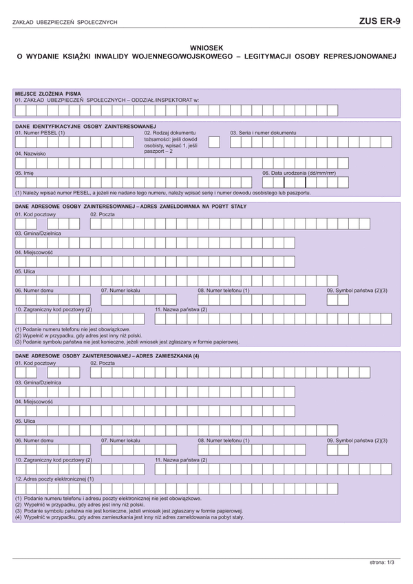 ZUS ER-9 (archiwalny) Wniosek o wydanie książki inwalidy wojennego/wojskowego – legitymacji osoby represjonowanej
