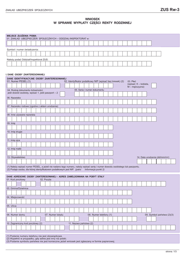 ZUS Rw-3 (archiwalny) Wniosek w sprawie wypłaty części renty rodzinnej