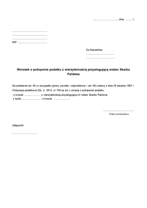 WoPP Wniosek o potrącenie podatku/zaległości podatkowej z wierzytelnością przysługującą wobec Skarbu Państwa/gminy/powiatu/województwa