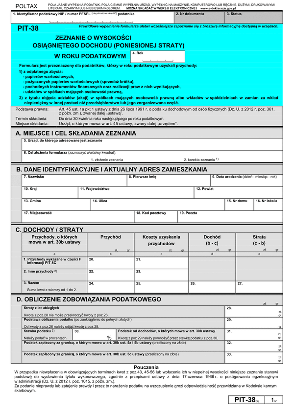 PIT-38 (9) (2013) (archiwalny) Zeznanie o wysokości osiągniętego dochodu (poniesionej straty) 