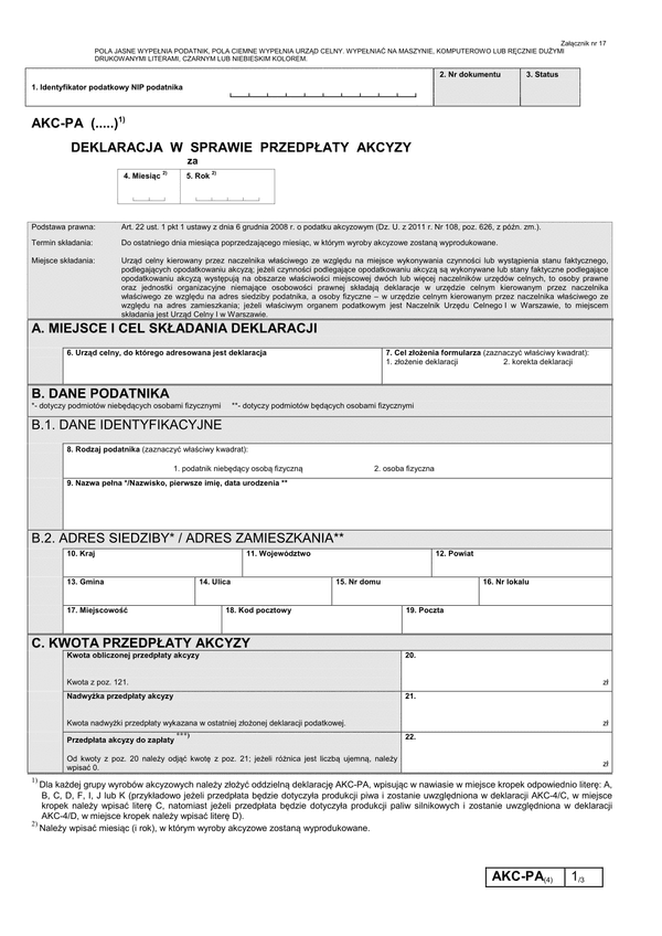 AKC-PA (4) (archiwalny) (od 2013) Deklaracja w sprawie przedpłaty akcyzy 